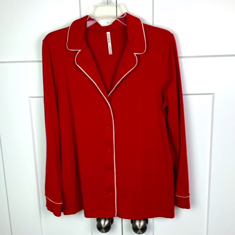 Soma MEDIUM Red Pajama Top Long Sleeve Button Front White Trim